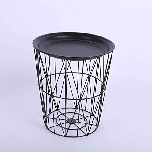 Side table-metal wired with wooden top and storage basket